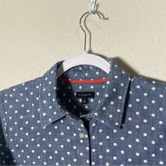 Talbots Blue Chambray White Polka Dot Button Up Top Women's Size 8 - Picture 10 of 14